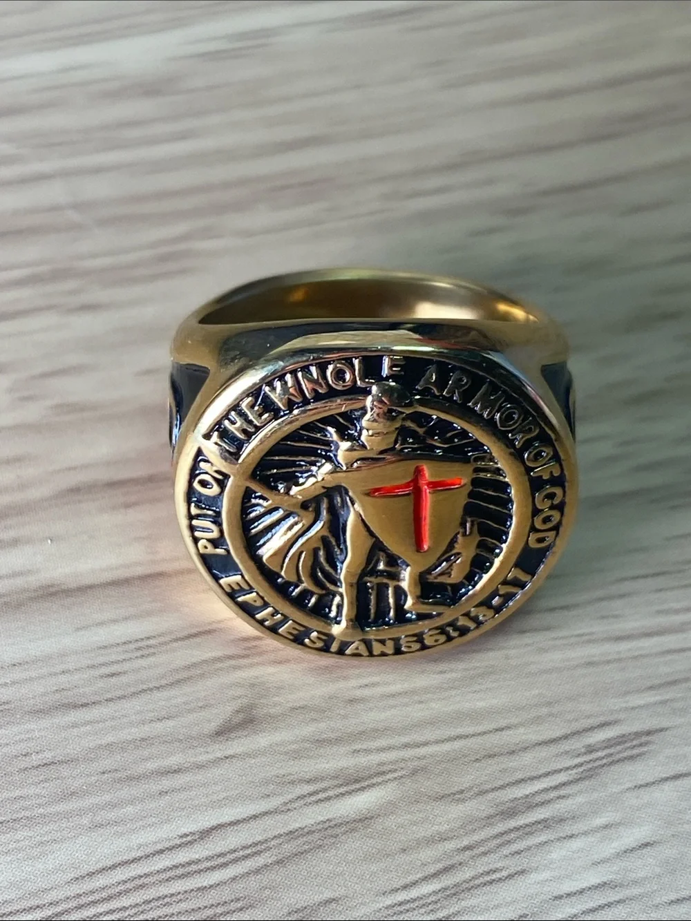 Men Stainless Steel Shield Ring with Red Cross